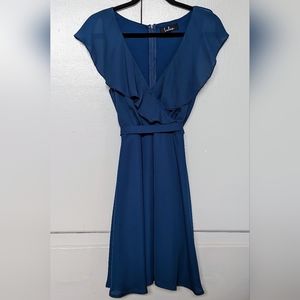 Royal Blue Sleeveless Mock Wrap Rufffled Fit & Flare Dress - Size M Lulus